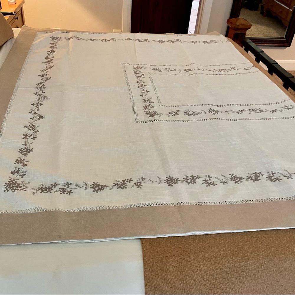 Large linen tablecloth with embroidery design.